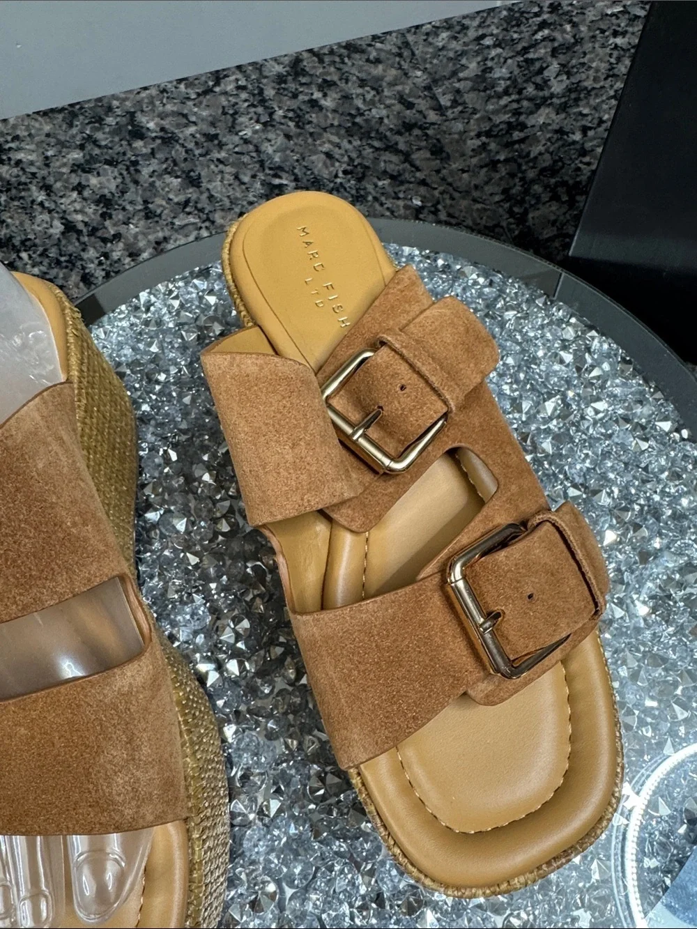 Marc Fisher Palery leather Suede Tan Platform Slide Sandals Buckles Woven sole